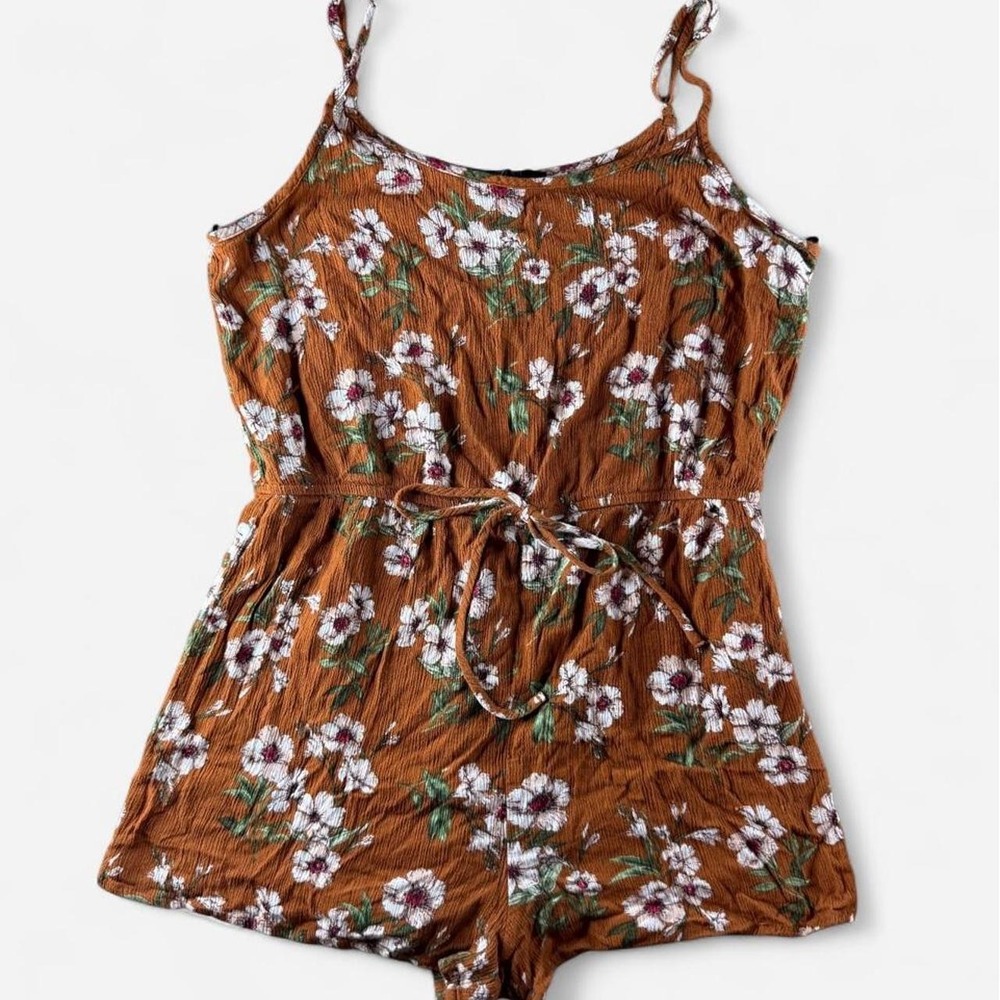 Forever 21 Floral Cami Romper Rust Brown Boho Tie Waist Summer Size L